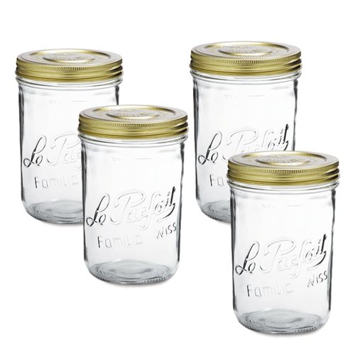 Le Parfait Familia Wiss Terrine Wide Mouth French Glass Jar w/Airtight 2-Piece System Gold Lids | Ideal for Canning, Food Storage, Meal Prep, Cake Jar & DIY Crafts | 32oz Quart (Pack of 4) 1Ld110
