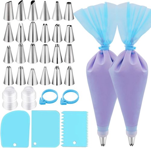 FANTEXY Cake Decorating Set - 33 Reusable Piping Bags & Tips with 24 Icing Tips, 2 Couplers & Scrapers