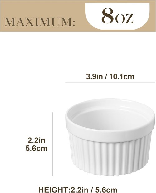 MALACASA Ramekins - 8 oz Oven Safe Porcelain Baking Cups Set of 6 | White Creme Brulee & Souffle Dishes