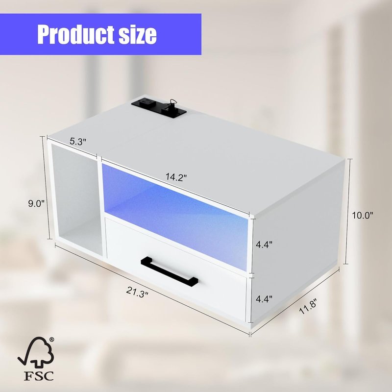 Homaterial Floating Nightstand with Charging Station and LED Lights, Floating Bedside Table with Drawers Wall Mounted Nightstands,for Bedroom Room, 21.3" x 11.8" x 10",White