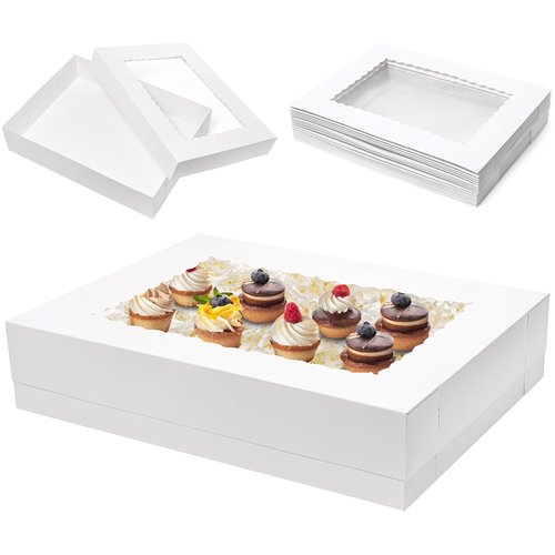 Mefleet 10pcs 19x14x4 Half Sheet Cake Boxes with Window Rectangle 1/2 Sheet Bakery Boxes for Pastry Baking Cake, Cupcakes, Donuts, Cookies, Pie Treat Packaging White Large