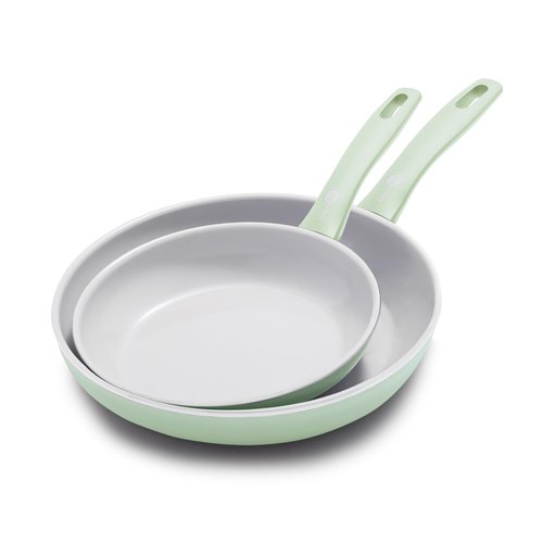 GreenPan Dover 8” & 10” 2 Piece Frying Pan Skillet Set, Non-Toxic PFAS-Free Ceramic Nonstick Coating, Sear Saute Fry Egg Omlete, Dishwasher & Oven Safe, Stay Cool Handle, Easy Pour Rims, Pastel Green