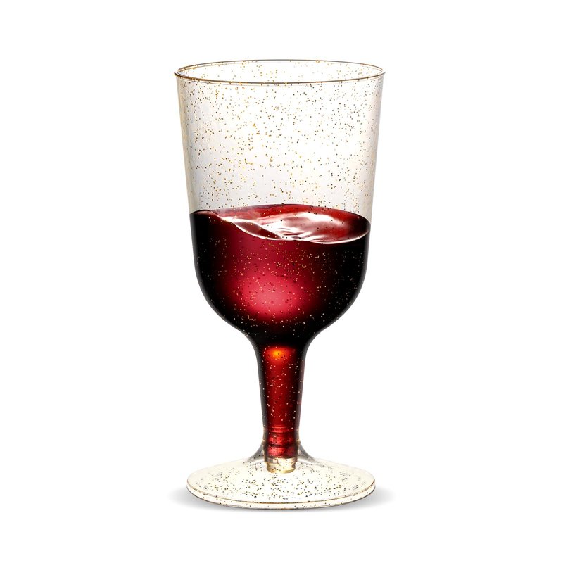 TENYASEN 30 Pack 6oz Plastic Wine Glasses – Disposable Gold Glitter Mini Stemware with Removable Base for Weddings, Parties, Champagne, Toasting
