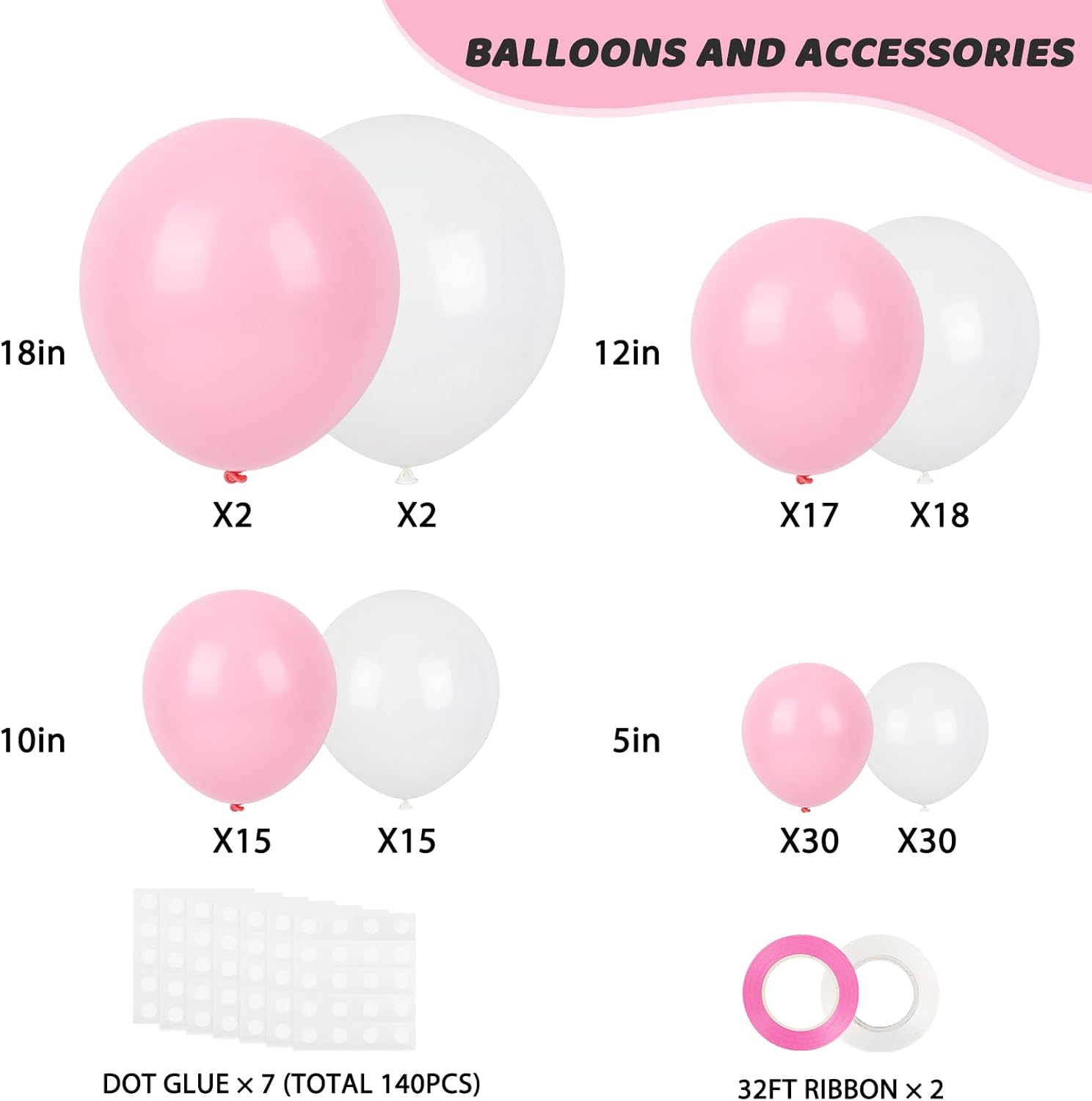 RUBFAC Latex Balloon Garland Kit - 129-Piece White & Pink Balloons for Birthday, Wedding, Baby Shower | 5-12 Inch Sizes