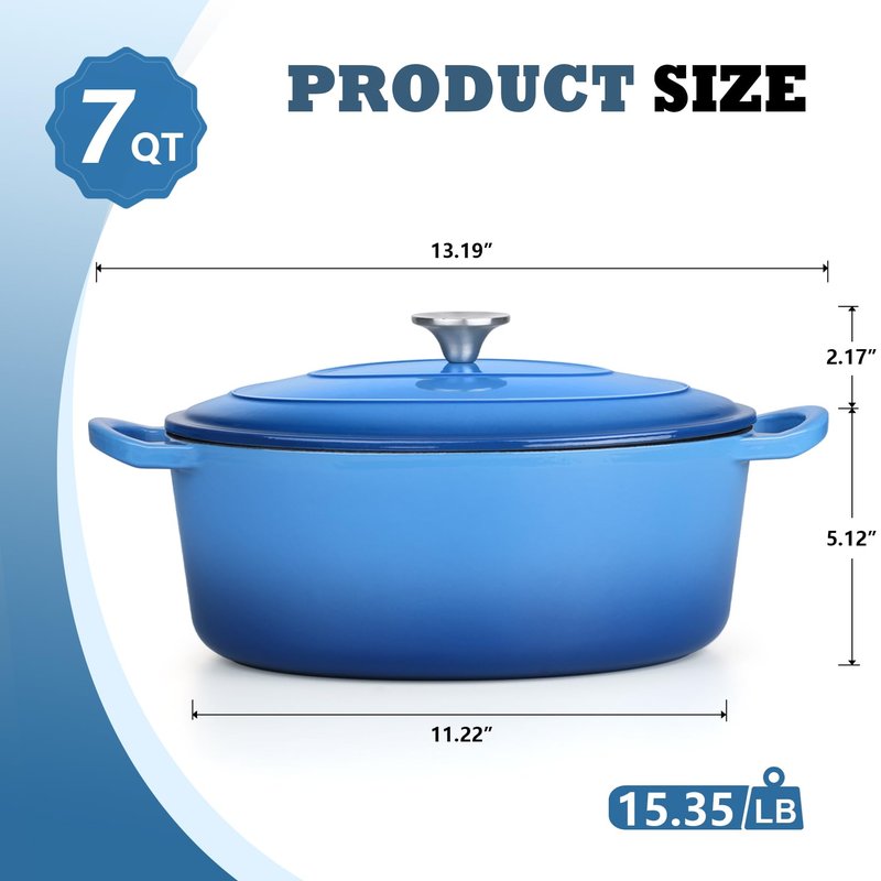 P&P CHEF Oval Dutch Oven with Lid, Enameled Cast Dutch Oven Pot for Bread Baking, Braising, Stewing, Roasting, Non-Stick & Oven Safe, Dual Handles & Easy Clean, 7QT & Blue, Valentine's Day