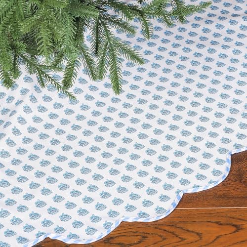 48-Inch Cotton Christmas Tree Skirt - Blue & White Floral Block Print