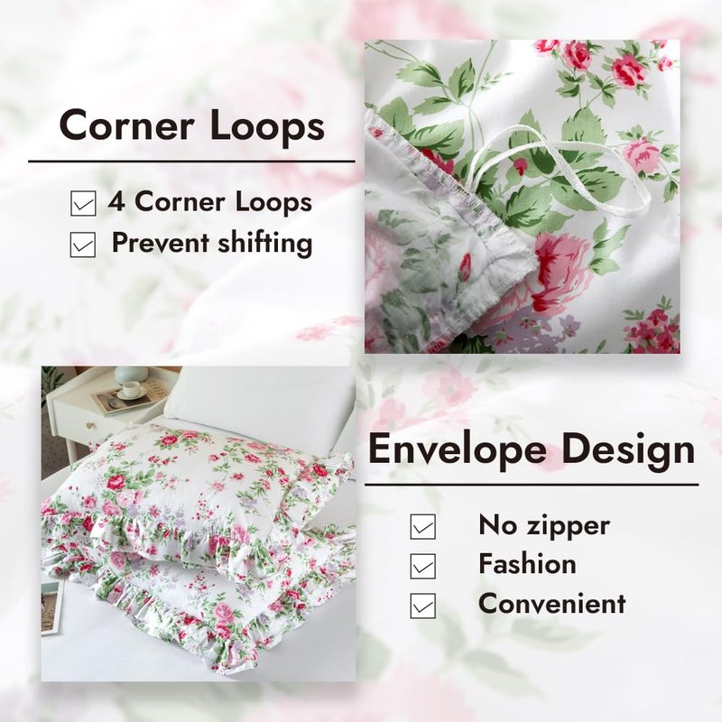 ZJZC Art Ruffle Duvet Cover Set Queen, 100% Cotton Pink Rose Floral Duvet Cover Cottage French Countryside Vintage Shabby and Chic 3 Pieces with Pillow Shams (Rose,Full)