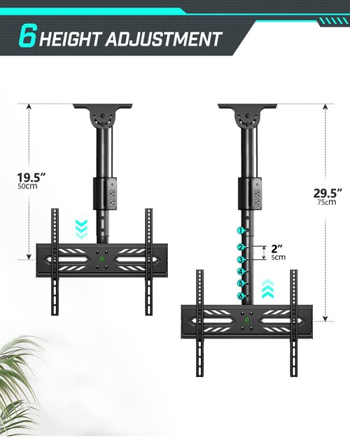 Greenstell Ceiling TV Mount with Power Outlet, TV Mount for 26-65 inch TVs, Ceiling Mount with 900J Surge Protection, Swivel, Tilt and 6 Height Adjustable, Max VESA 400x400mm, Holds up to 110Lbs