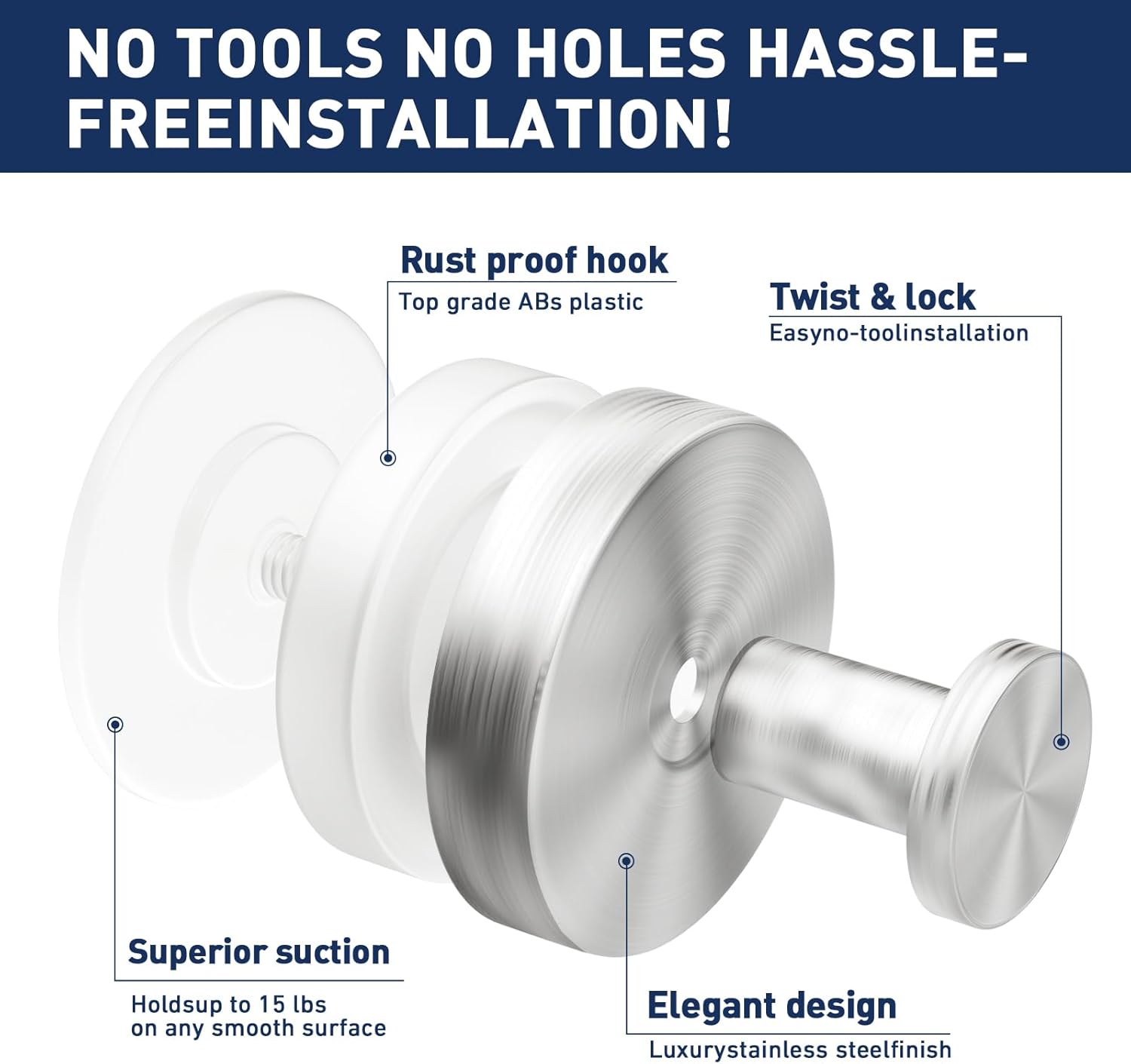 Skiennix Suction Cup Hooks - Removable Bathroom Shower Wall Holders | Silver (2 Pack) for Towels & Wreaths
