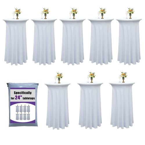 Yoquare 8-Pack 24"x43" White Round Cocktail Table Skirts | Stretch Spandex Fitted Tablecloths | Wrinkle-Resistant, Stain-Resistant, and Machine Washable for Bars, Weddings, Parties, and Banquets
