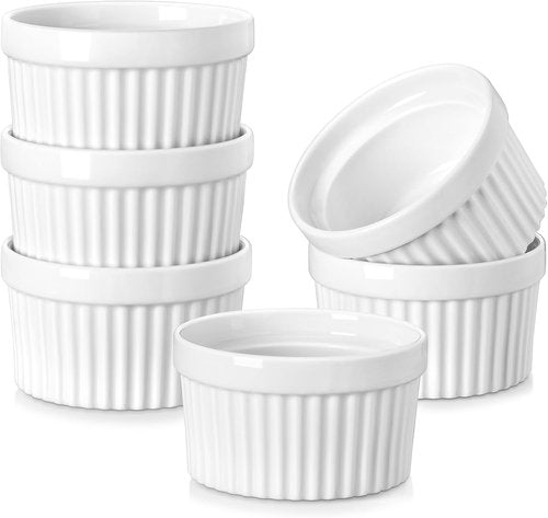 MALACASA Ramekins - 6 Oz Oven Safe Porcelain Baking Cups | Set of 6 White Creme Brulee Dishes