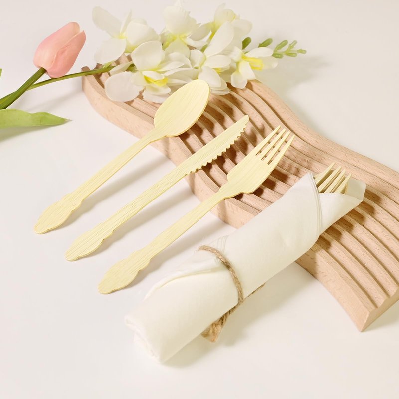 Pre Rolled Napkin and Bamboo Cutlery Set - 100pack Biodegradable Bamboo Silverware/Utensils/Flatware with Napkins, Compostable Wrapped Bamboo Cutlery for Party, Banquet, Wedding