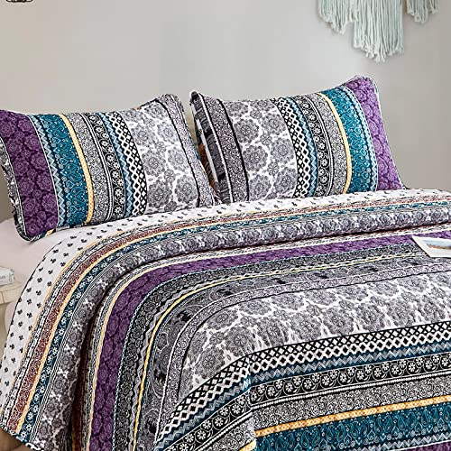 Boho Quilt Set Queen Size - 3 Piece Purple Floral Bedding