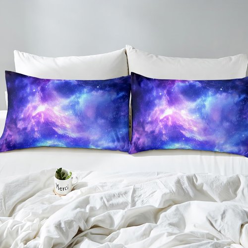 Purple Galaxy Bedding Set Twin Kids Teens Girls Boys Starry Sky Fitted Sheet Space Universe Star Design, Soft Breathable Home Decorative 2 Pcs Bed Sheets with 1 Pillowcase,Top Sheet not Included