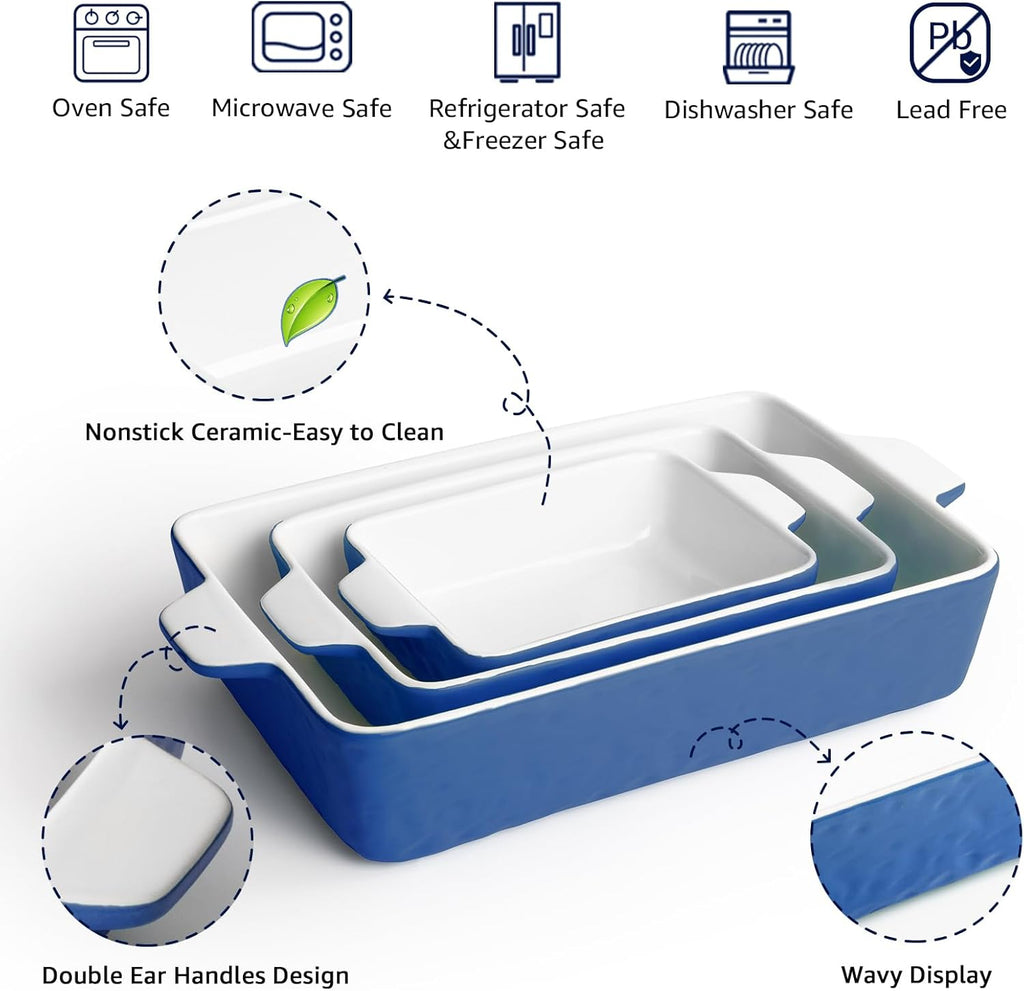 Regine Switzerland Casserole Dishes - Ceramic Baking Pan Set of 3 | Deep Lasagna Dish with Handles (11.6" x 7.8", Dark Blue)