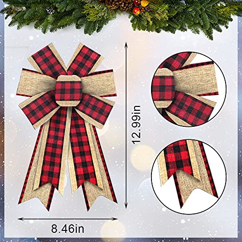Threetols 2PCS Beige Red Buffalo Plaid Christmas Wreath Bows for Front Door & Holiday Decor