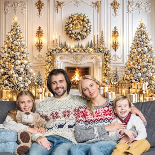 8x6FT White Gold Christmas Fireplace Backdrop | Winter Wonderland Photo Background