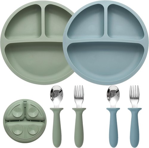 Eascrozn Baby Feeding Set - 2 Pack Silicone Suction Plates & Utensils | BPA Free Toddler Weaning Supplies