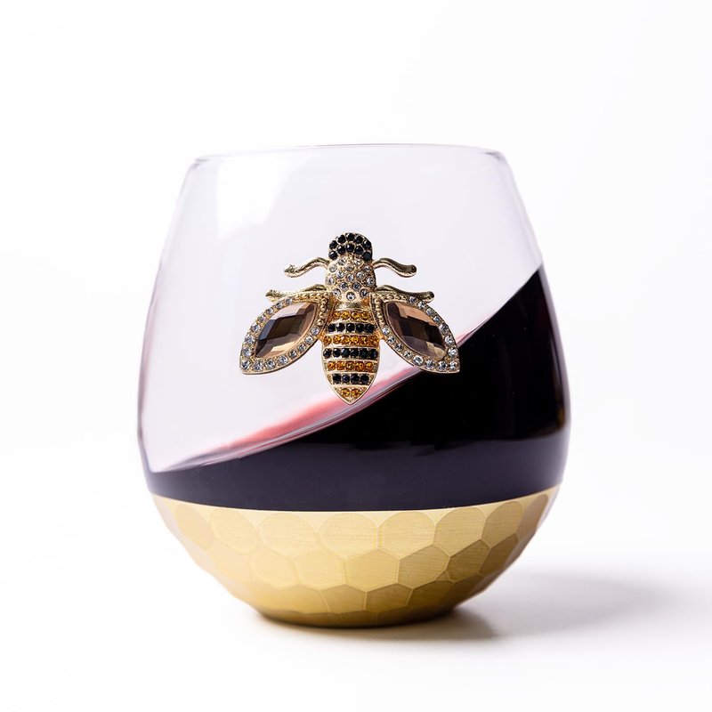 Modern Outlet Home Decor Honey Bee Stemless Wine Glasses - Set of 2 Luxury Crystal Glassware with Jeweled Honey Bee - Unique Wine Lover Gifts for Women - Tumbler for Cocktails, Red, or White Drinks