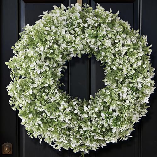 26-Inch Artificial Boxwood Wreath for Front Door, UV-Resistant Faux Greenery