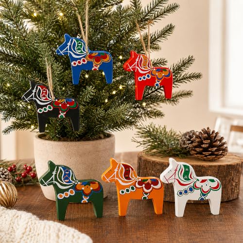 12 Pcs Scandinavian Dala Horse Wooden Ornaments for Christmas Decorations
