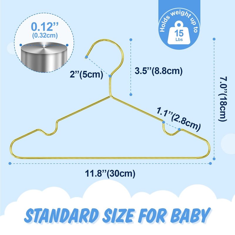 Gold Kids Hangers 12 Inch 60 Pack Strong Metal Wire Baby Clothes Hangers, Heavy Duty and Space Saving Infant Hangers for Toddler Chirldren Coats, Pants