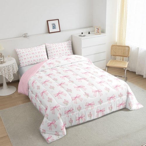 Erosebridal Pink Bow Queen Comforter Set for Girls Teens Bedroom,Girly Ribbon Pink Floral Coquette Bedding Set Coquette Bowknot Bed Set Bowtie Heart Bedding Comforter Sets Garden Flowers Quilt 3 Pcs