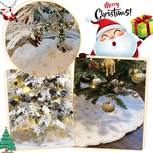 36-Inch White Faux Fur Christmas Tree Skirt with Gold Sequin Snowflakes