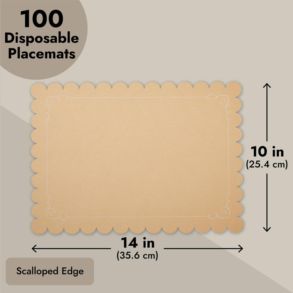 Juvale Scalloped Paper Placemats - Convenient Disposable Placemats - Elegant Table Settings - Paper Chargers for Dinner Plates - Brown, 10 x 14 in