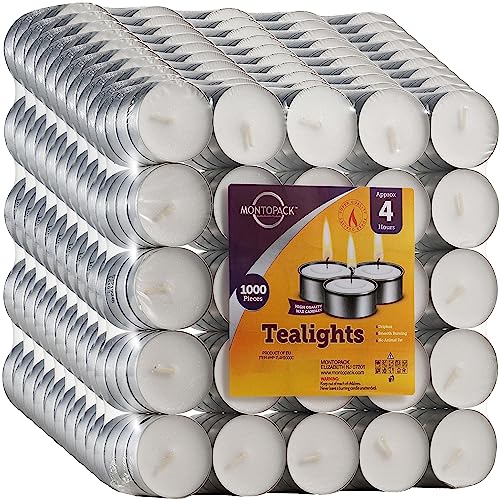 MontoPack 1000 Pack Unscented Tea Light Candles – 4 Hour, Smokeless, Dripless Mini Tealights