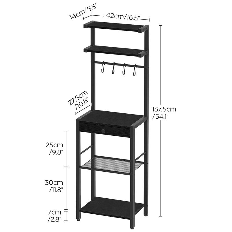 YATINEY Bakers Rack, 5-Tier Coffee Bar Station, Coffee Stand with Pod Drawer Holder, Versatile Kitchen Storage Rack with 4 Hooks, for Living Room, Cafe Corner, Black KF01BB
