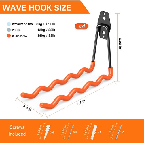 HUPBIPY Heavy Duty Garage Hooks - 4 Pack Wall Mounted Tool Organizer for Ladders, Bikes & More