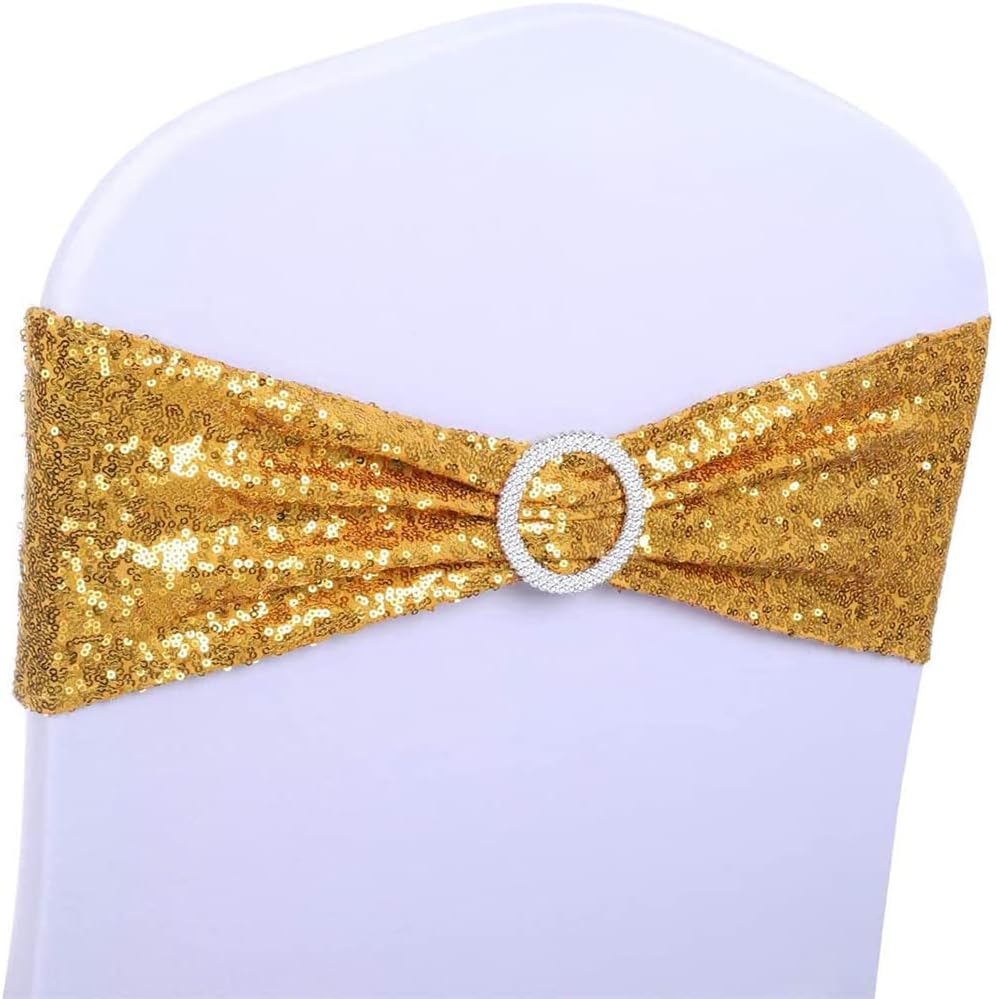 Skiennix Spandex Sequins Chair Sashes - Gold Chair Bands with Buckles for Weddings & Parties | Pack of 50