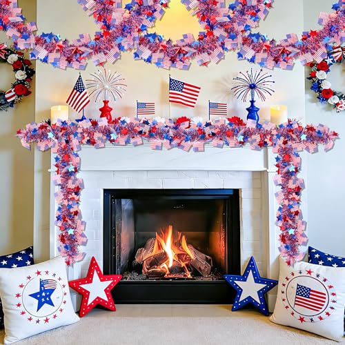 Patriotic Tinsel Garland 50ft - Red White and Blue 4th of July Decor