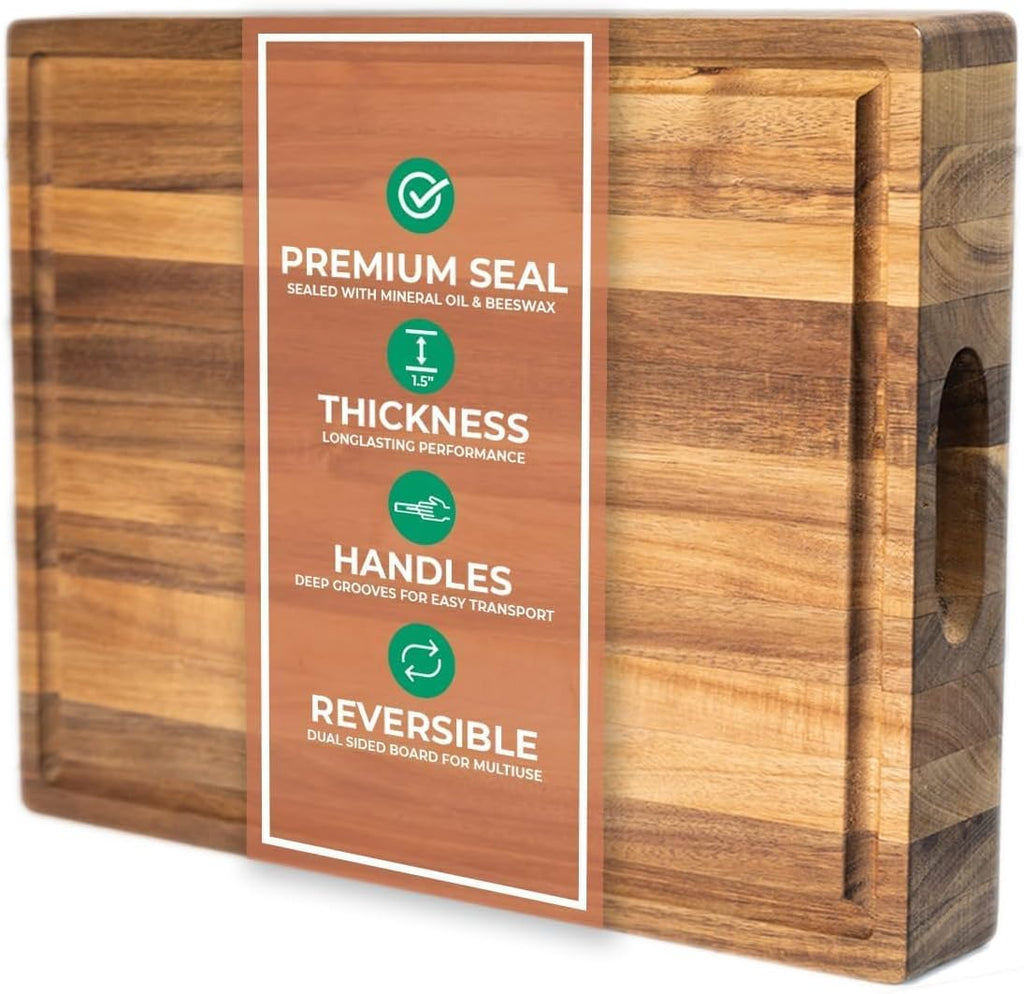 Saffron & Sage Large Wood Cutting Board - Thick Acacia 16 x 12 x 1.5 Inch with Juice Groove & Reversible Design