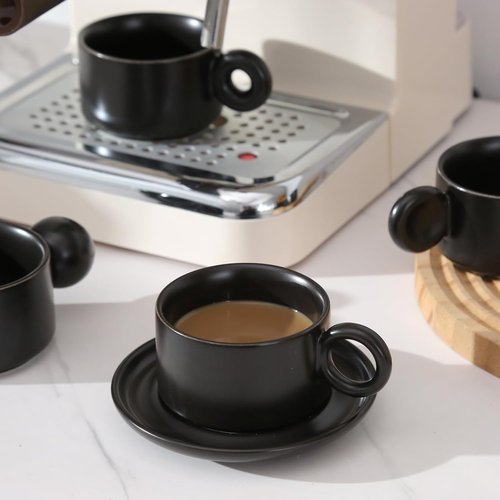 LURRIER Porcelain Espresso Cups Set - Stackable 3 Oz Ceramic Mugs with Saucer & Metal Stand | Black (Set of 4)