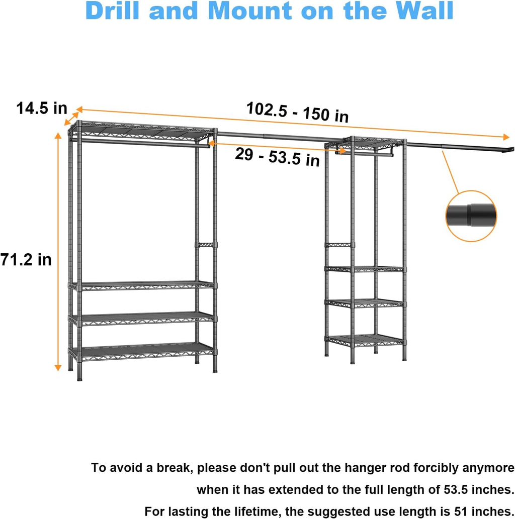 Ulif E11 Heavy-Duty Garment Rack - Metal Freestanding Clothes Organizer with 8 Shelves & 4 Hanger Rods | Black, 73.2-97.6" W x 14.5" D x 71.2" H, 1034 LBS Capacity
