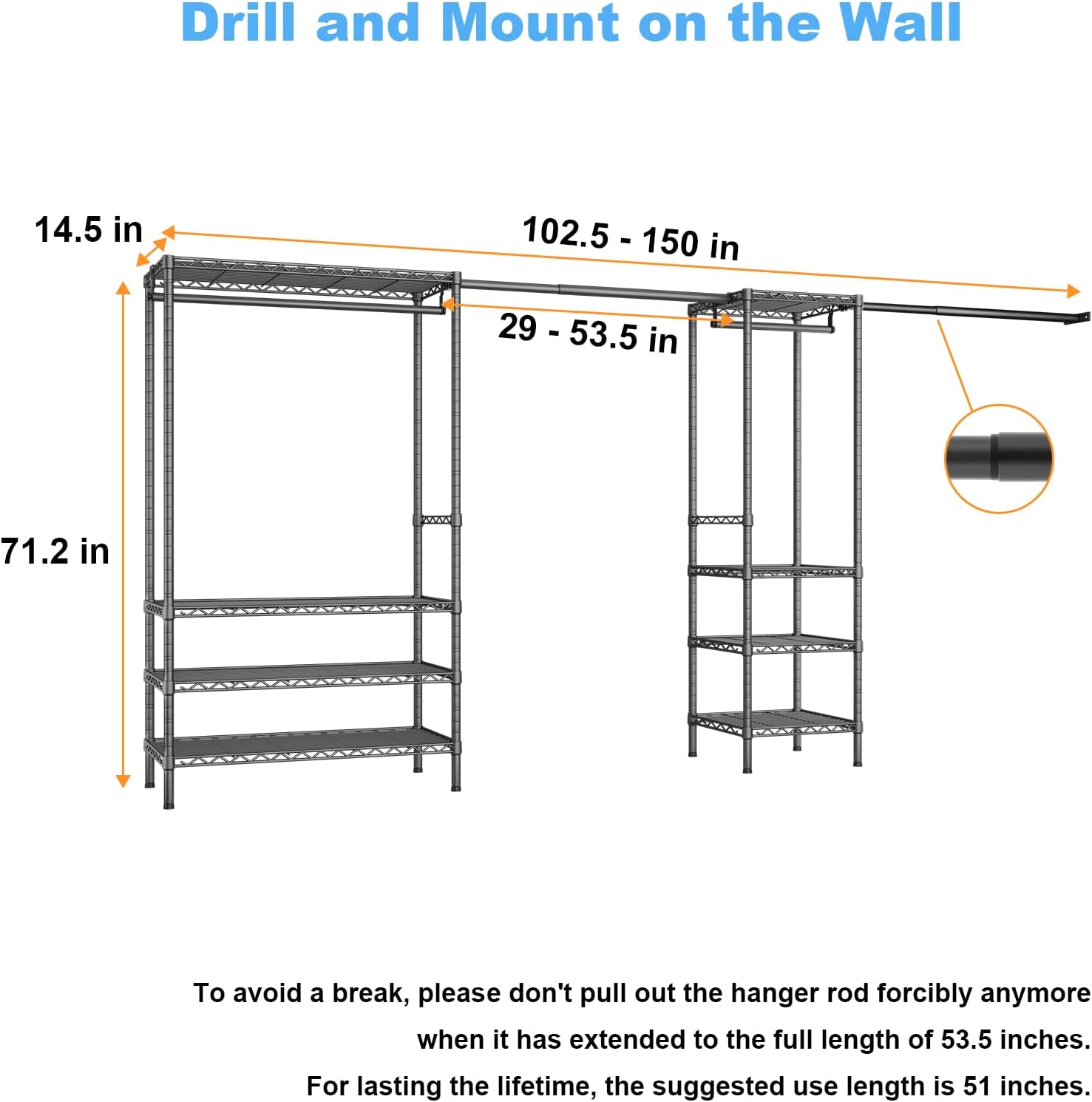 Ulif E11 Heavy-Duty Garment Rack - Metal Freestanding Clothes Organizer with 8 Shelves & 4 Hanger Rods | Black, 73.2-97.6" W x 14.5" D x 71.2" H, 1034 LBS Capacity