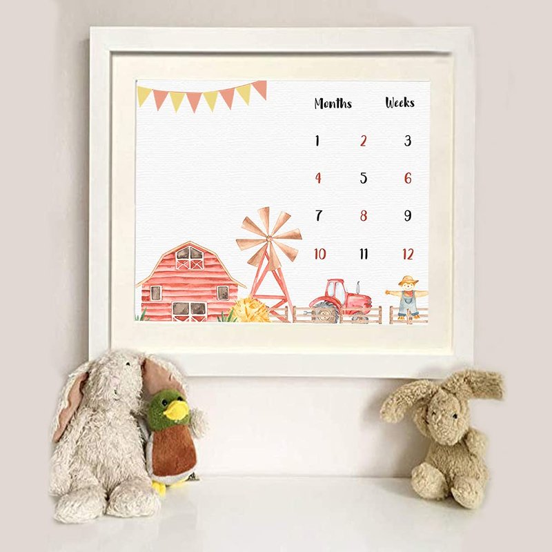 F-FUN SOUL Monthly Milestone Blanket, 48x40in, Farm Baby Blankets, Tractor and Barn Nursery Swaddling Blankets, Newborn Mom Gifts, Baby Shower Age Growth Tracker with Bonus Maker