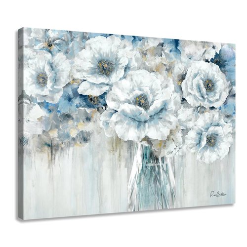 White Flower Canvas Wall Art, Blue and Gray Floral Picture in Vase for Living Room Bedroom Decor 32 x 24
