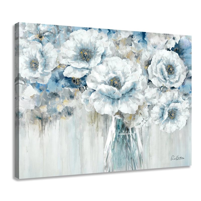 Woxfcart Living Room Flower Canvas Wall Art, Blue and White Floral in Vase with Gold Decoration for Gray Bedroom Bathroom Decor 32 x 24 Inch