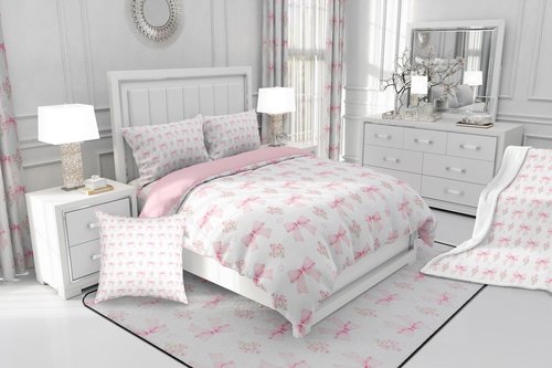 Erosebridal Pink Bow Queen Comforter Set for Girls Teens Bedroom,Girly Ribbon Pink Floral Coquette Bedding Set Coquette Bowknot Bed Set Bowtie Heart Bedding Comforter Sets Garden Flowers Quilt 3 Pcs