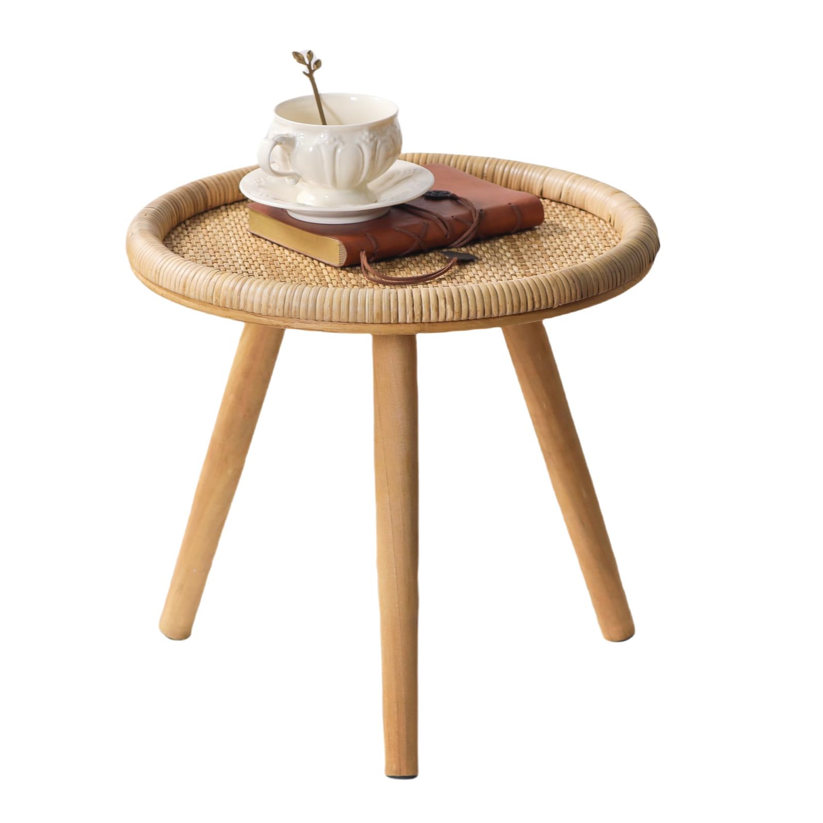 HuiDao Small Side Table, Rattan Round Coffee Table, Boho Circle Side Tables End Table for Living Room, Mid Century Accent Table for Bedroom Balcony