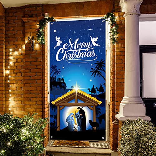Nativity Christmas Door Cover Nativity Scene Banner 71 x 35 in Polyester Front Door Decor