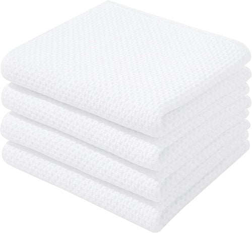 Homaxy 100% Cotton Waffle Weave Dish Towels - Ultra Soft & Absorbent | 13 x 28 Inches, 4-Pack, White