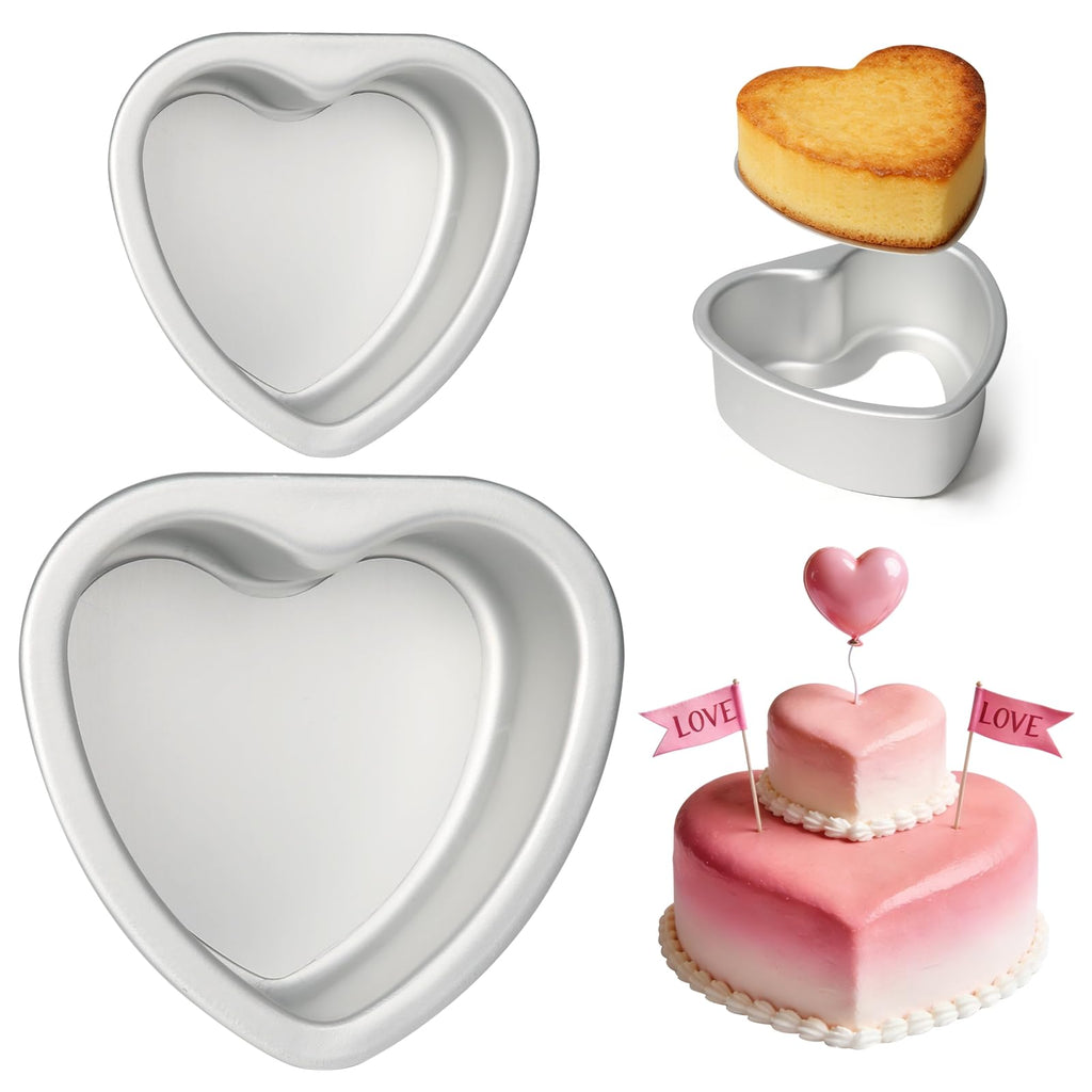 TAOUNOA Heart Shaped Cake Pans 4 Inch and 6 Inch Set of 2 Aluminum Heart Cake Pans with Removable Bottoms for Baking Romantic Desserts