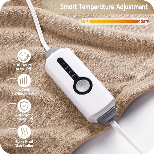 Electric Heated Blanket Twin Size - Ultra Soft Flannel, 4 Heat Settings, 10-Hour Auto Shutoff