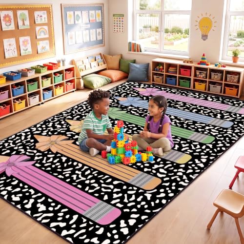 Large Pencil Theme Classroom Area Rug 7.6x12 ft Non-Slip Educational Mat