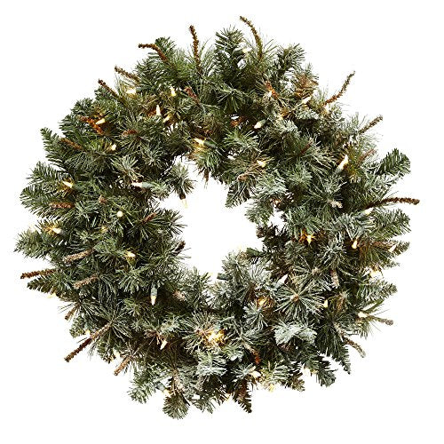 Nearly Natural 30-Inch Frosted Pine Christmas Wreath with 50 Lights - Artificial Holiday Decor