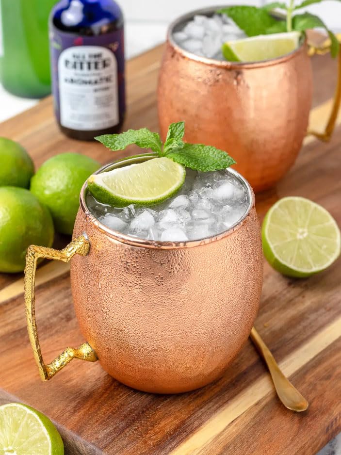 Copper Plated Moscow Mule Mugs Set of 4 - 18 Oz Hammered Stainless Steel Cups with Brass Handles, Perfect for Barware & Parties